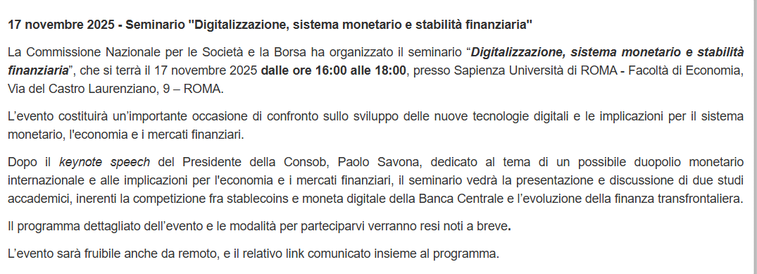 Seminario "Digitalizzazione, sistema monetario e stabilità finanziaria"